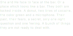 She and He face to face at the bar. Or a place which looks like a bar. They both are locked inside. A donut, two lines of cocaine, the color green and a microphone. Their past, their fears, a secret, only one right question and one feeling. A bunch of things they are not ready to deal with.